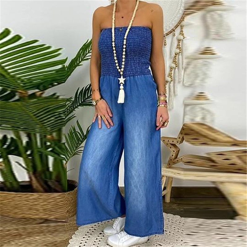 Full-chested Elasticated Slim-fit One-piece Slit Wide-leg Casual Denim Trousers