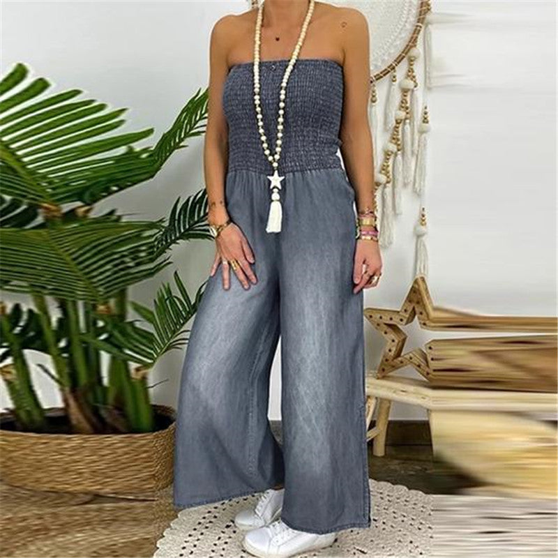 Full-chested Elasticated Slim-fit One-piece Slit Wide-leg Casual Denim Trousers