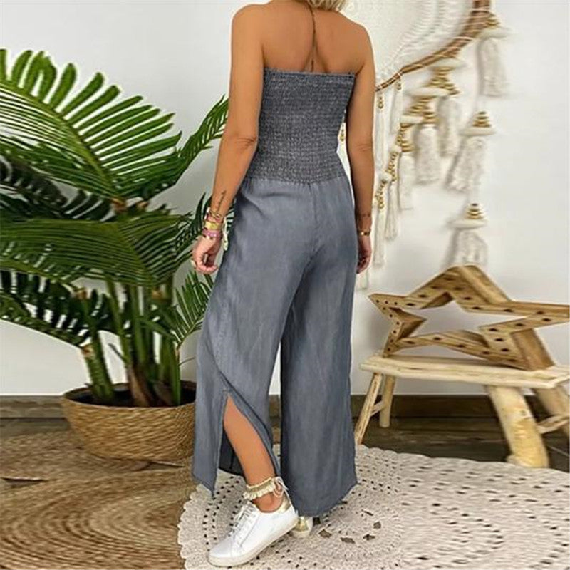 Full-chested Elasticated Slim-fit One-piece Slit Wide-leg Casual Denim Trousers
