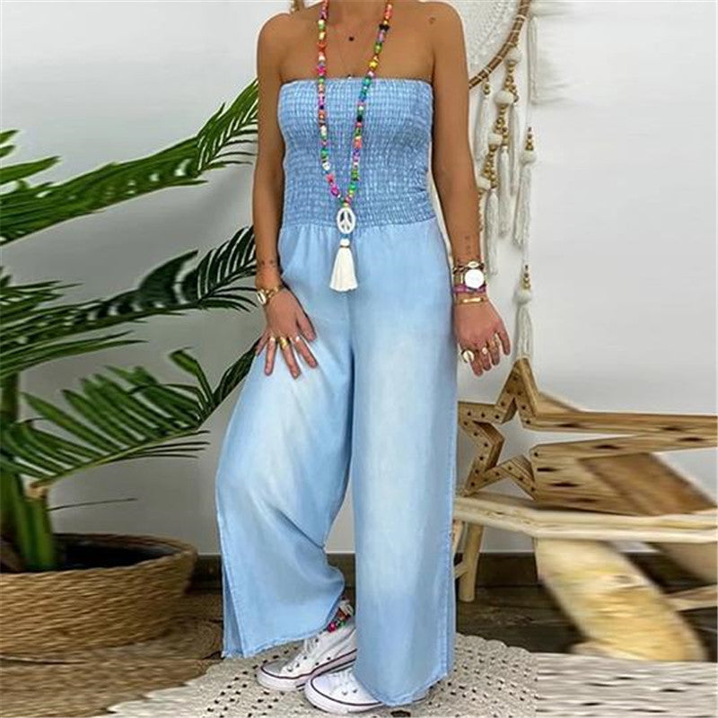 Full-chested Elasticated Slim-fit One-piece Slit Wide-leg Casual Denim Trousers