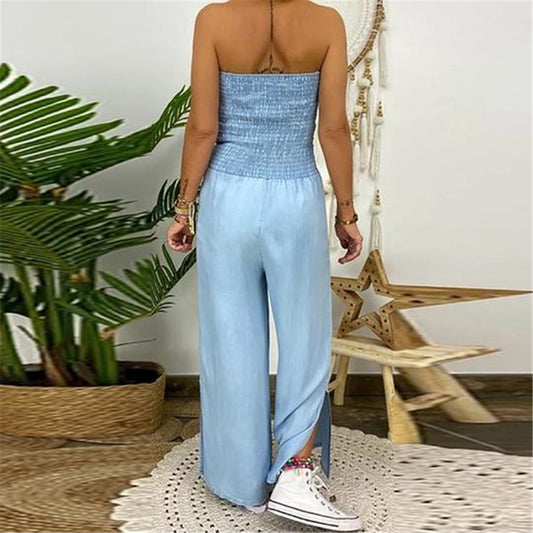 Full-chested Elasticated Slim-fit One-piece Slit Wide-leg Casual Denim Trousers