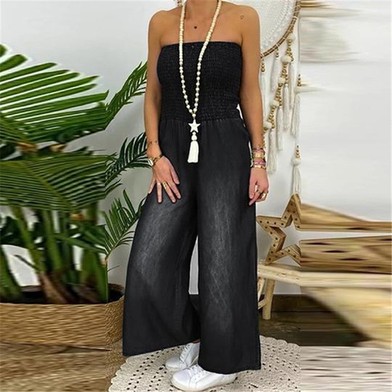 Full-chested Elasticated Slim-fit One-piece Slit Wide-leg Casual Denim Trousers