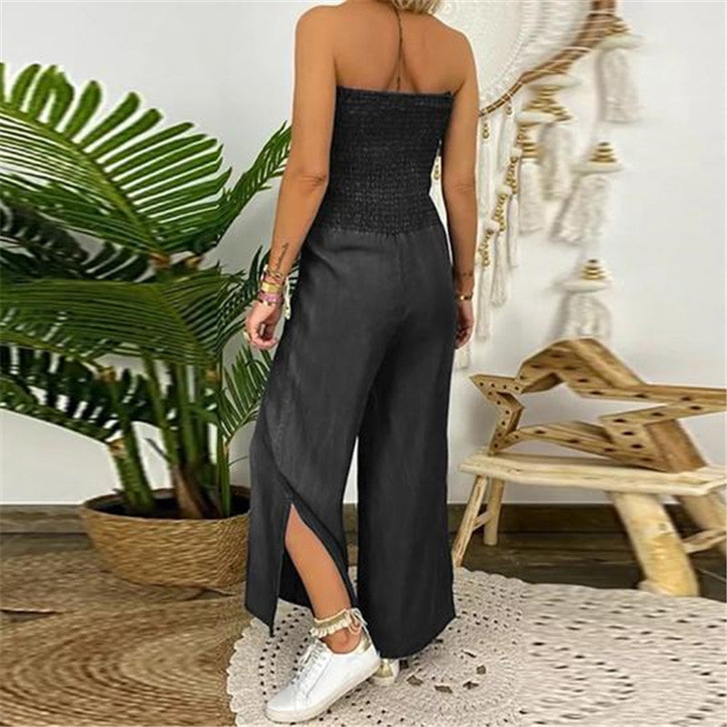 Full-chested Elasticated Slim-fit One-piece Slit Wide-leg Casual Denim Trousers
