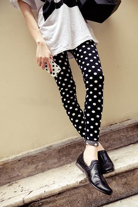 Korean Black And White Polka Dot Milk Silk Print Leggings
