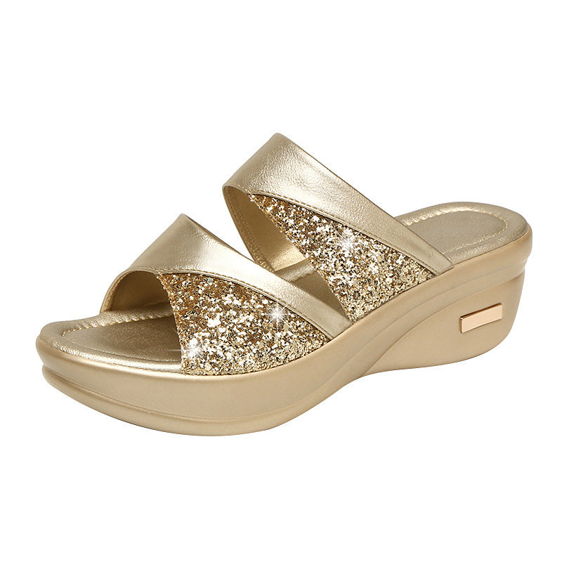 Fish Mouth Sequined Slippers Women Thick-soled Wedge Shoes Summer Outdoor Beach Shoes