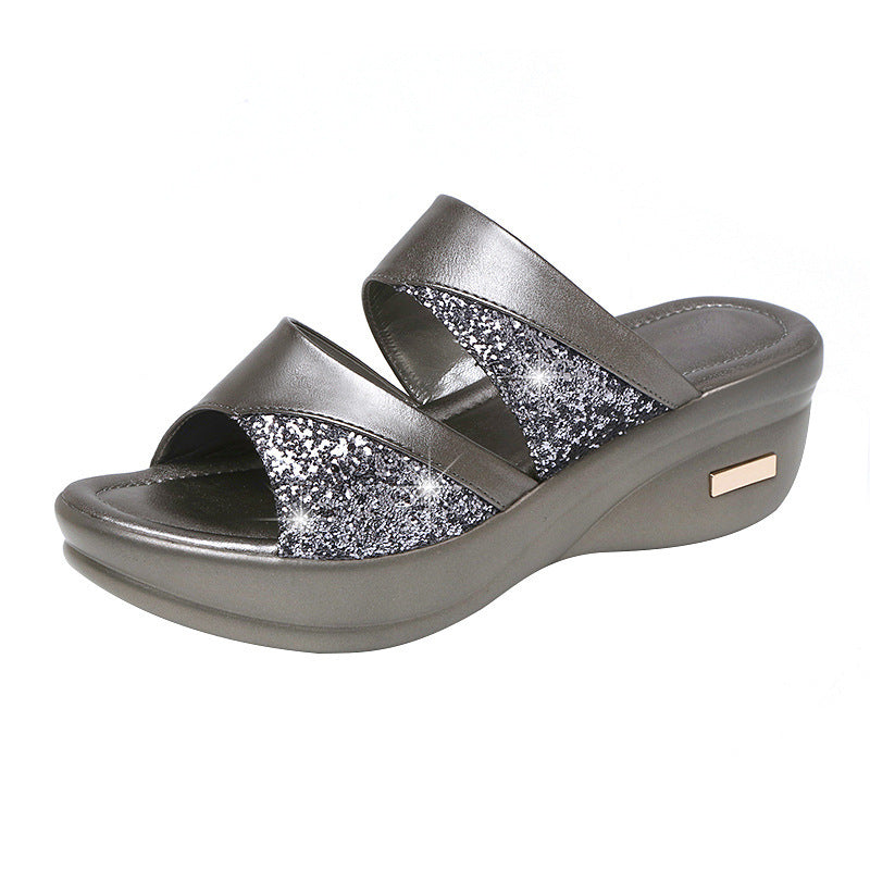 Fish Mouth Sequined Slippers Women Thick-soled Wedge Shoes Summer Outdoor Beach Shoes