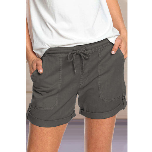 Pure Color Straight Leg Casual Pants Women'S Lace-Up Shorts