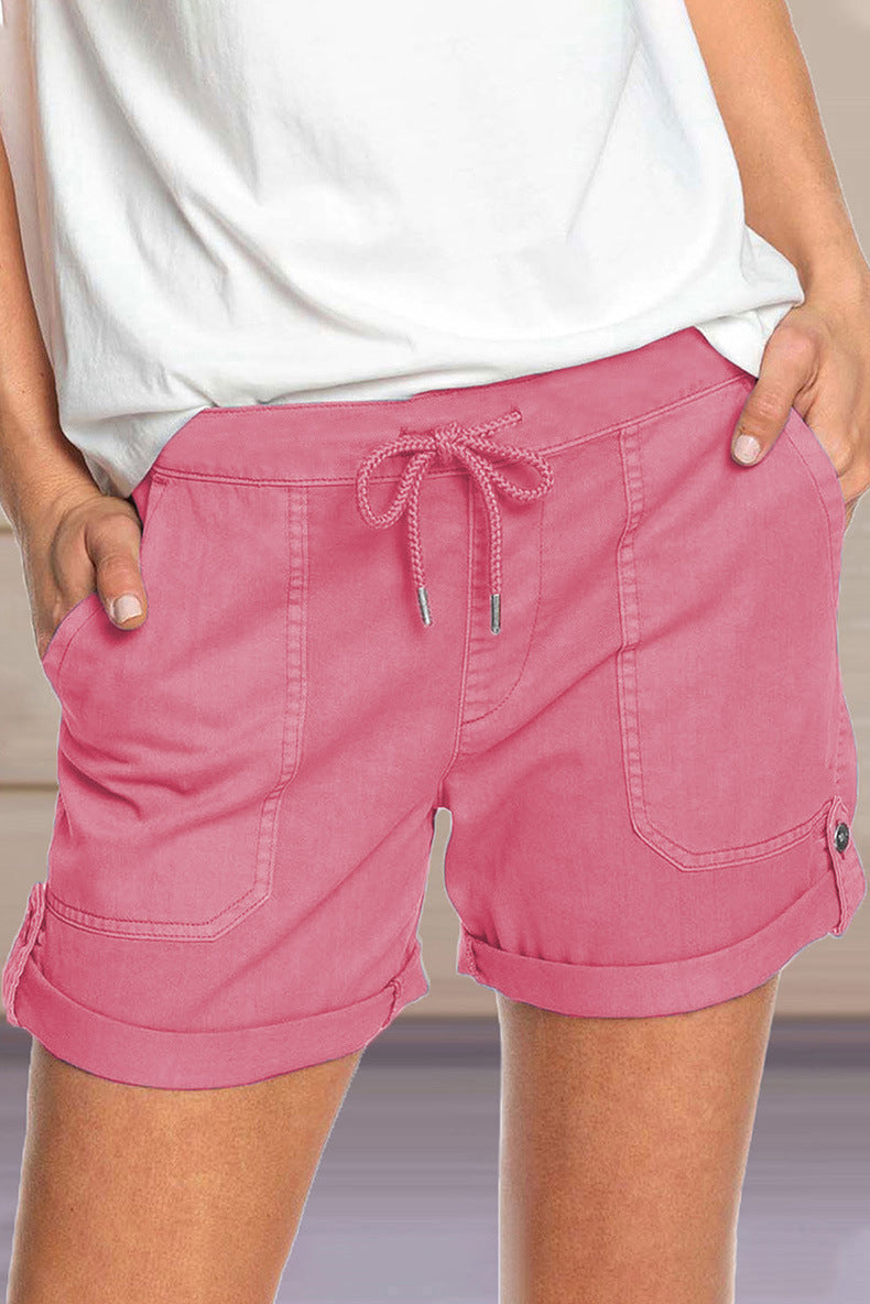 Pure Color Straight Leg Casual Pants Women'S Lace-Up Shorts