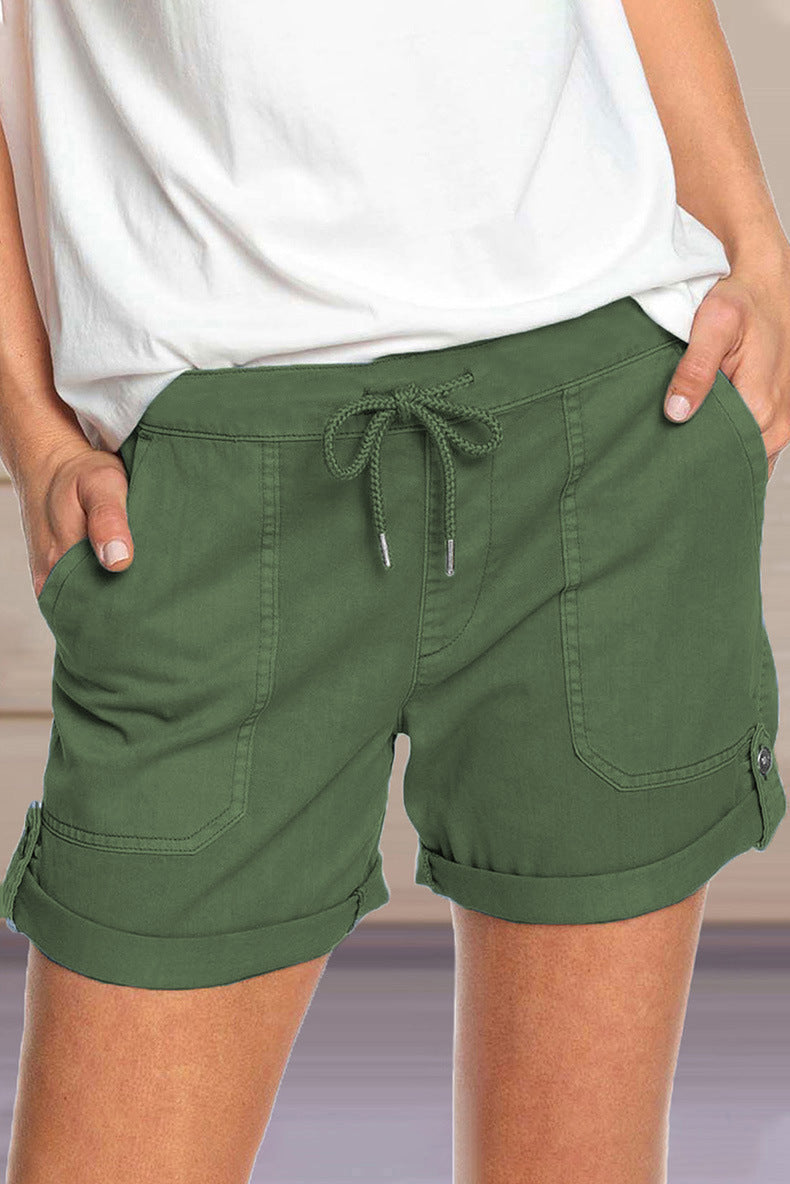 Pure Color Straight Leg Casual Pants Women'S Lace-Up Shorts