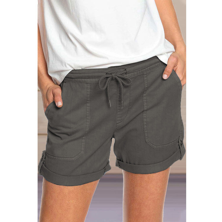 Pure Color Straight Leg Casual Pants Women'S Lace-Up Shorts