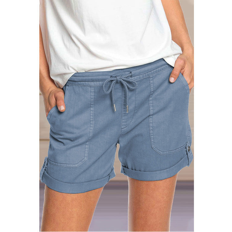 Pure Color Straight Leg Casual Pants Women'S Lace-Up Shorts