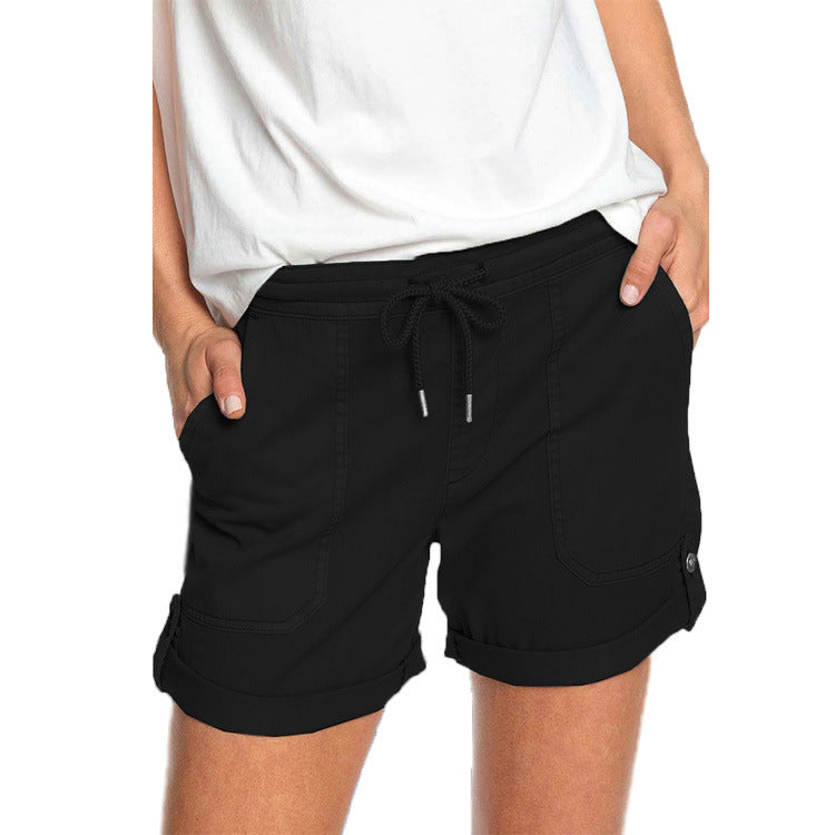 Pure Color Straight Leg Casual Pants Women'S Lace-Up Shorts