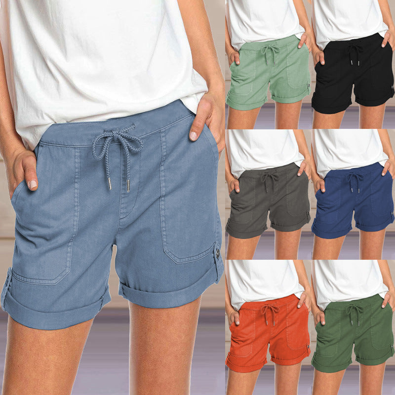 Pure Color Straight Leg Casual Pants Women'S Lace-Up Shorts