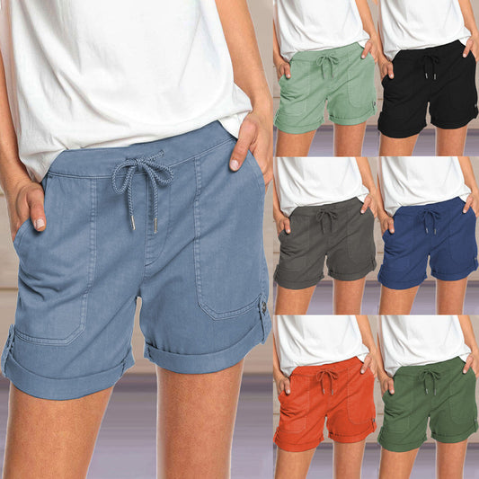 Pure Color Straight Leg Casual Pants Women'S Lace-Up Shorts