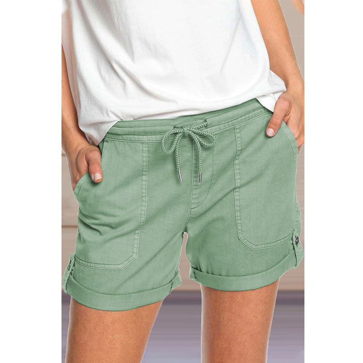 Pure Color Straight Leg Casual Pants Women'S Lace-Up Shorts