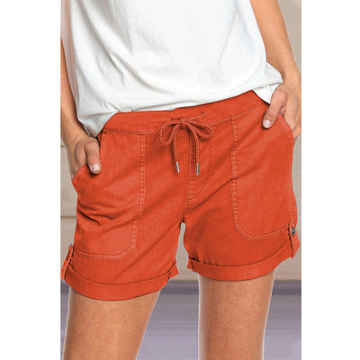 Pure Color Straight Leg Casual Pants Women'S Lace-Up Shorts
