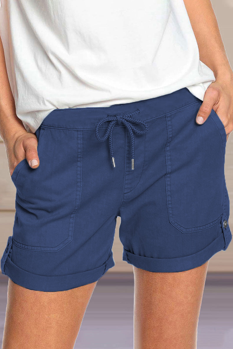 Pure Color Straight Leg Casual Pants Women'S Lace-Up Shorts