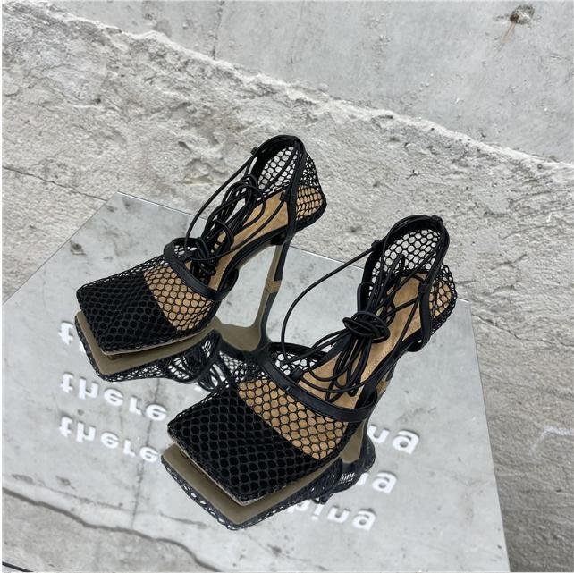 New Mesh Hollow Ankle Strap High-heeled Women's Shoes With Square Toe