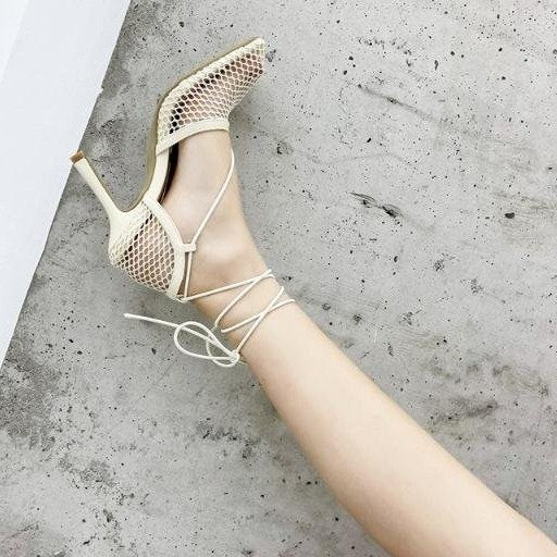 New Mesh Hollow Ankle Strap High-heeled Women's Shoes With Square Toe