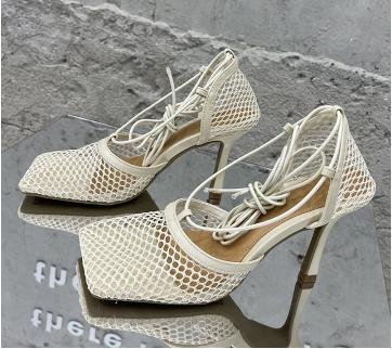 New Mesh Hollow Ankle Strap High-heeled Women's Shoes With Square Toe