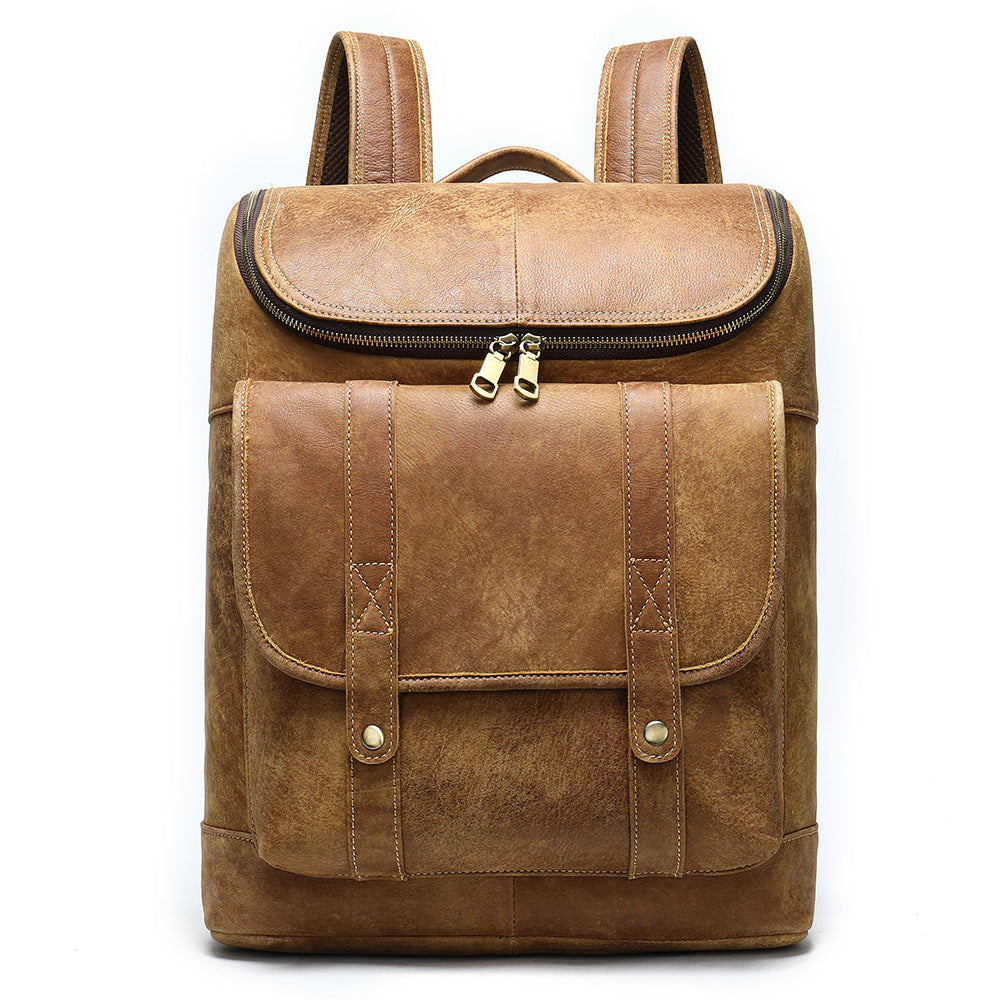 Men's Leather Backpack Outdoor Travel Bucket Backpack Large Capacity