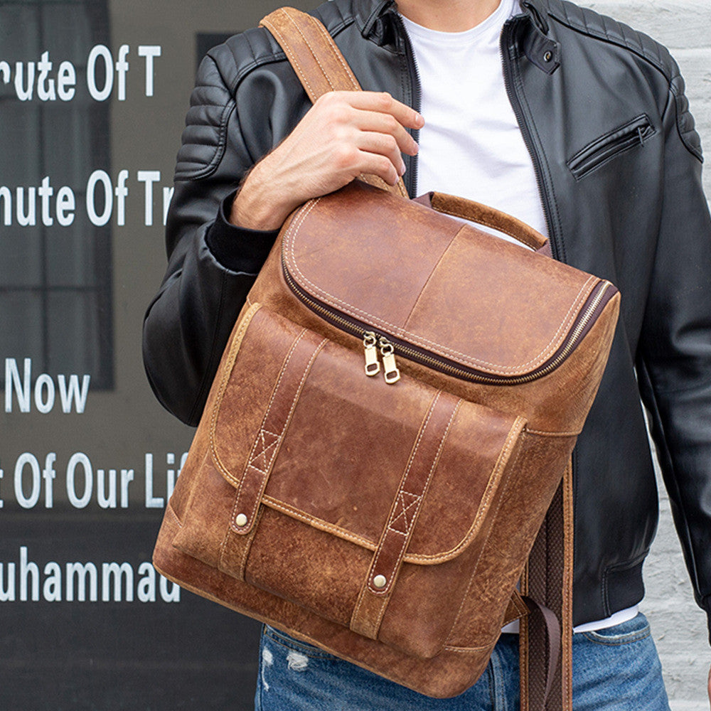 Men's Leather Backpack Outdoor Travel Bucket Backpack Large Capacity