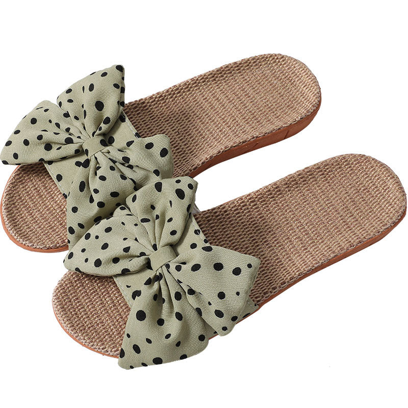 Bowknot Linen Slippers Women Cute Polka Dot Home Women's Linen Slippers