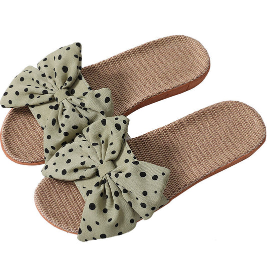 Bowknot Linen Slippers Women Cute Polka Dot Home Women's Linen Slippers