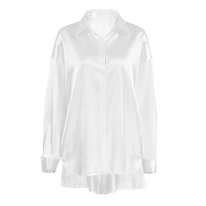 White Satin Pajama Set With Long Sleeves And Shorts Comfortable
