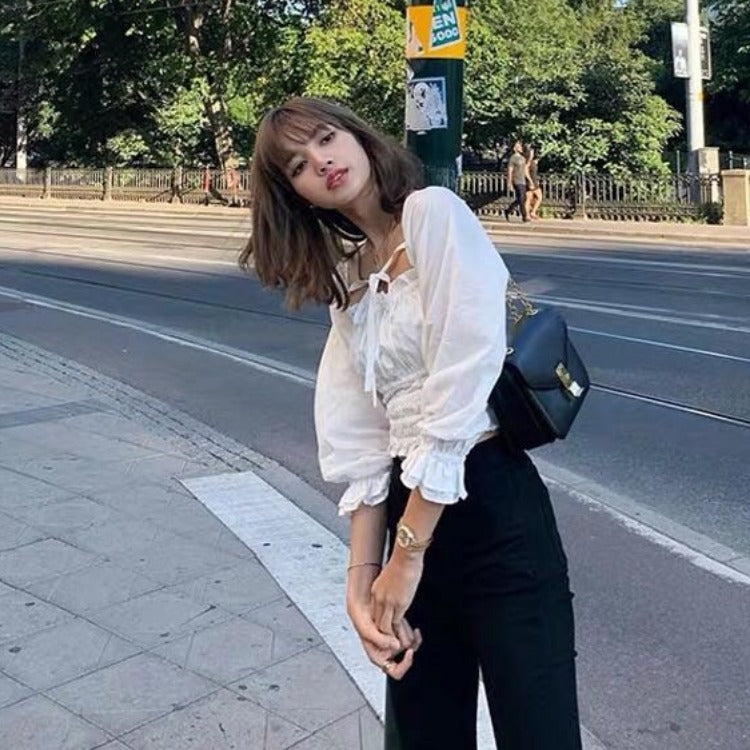 Black  Lisa Same Style Square Neck Elastic Waist Pleated Jacket