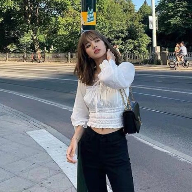 Black  Lisa Same Style Square Neck Elastic Waist Pleated Jacket