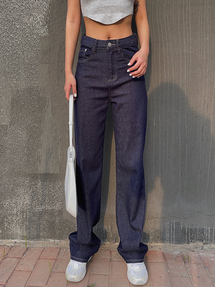 High Waist Jeans Women's Thin Stretch Straight Leg Loose And Thin