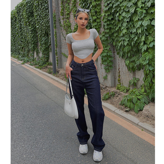 High Waist Jeans Women's Thin Stretch Straight Leg Loose And Thin