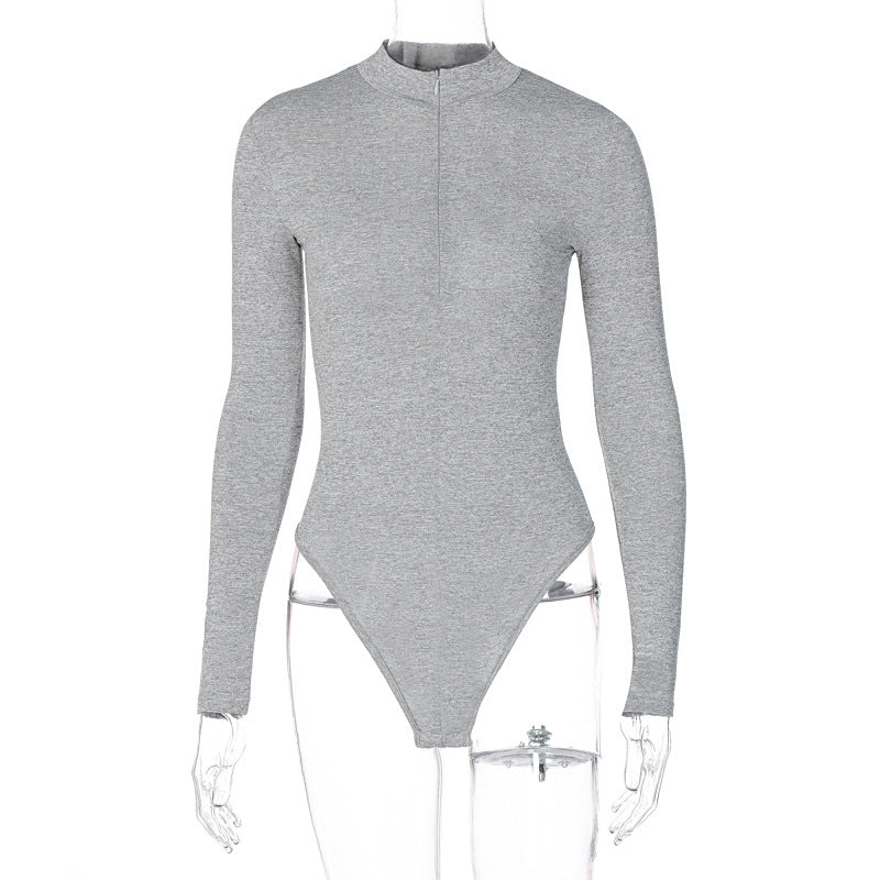 Sexy Mock Neck Autumn Long Sleeve Fashion Slim Basic Body Winter Gray Outfits Lady