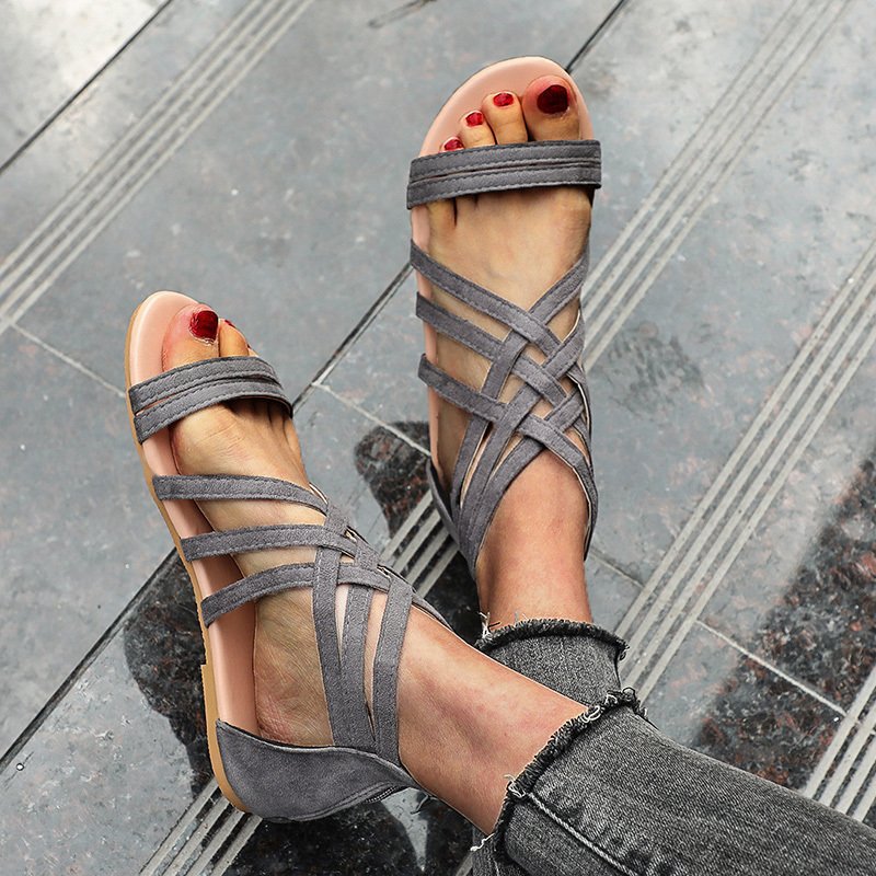 Women's Shoes Flat Bottomed Large Size Women's Sandals Fashion Hollow Rear Zipper Sandals