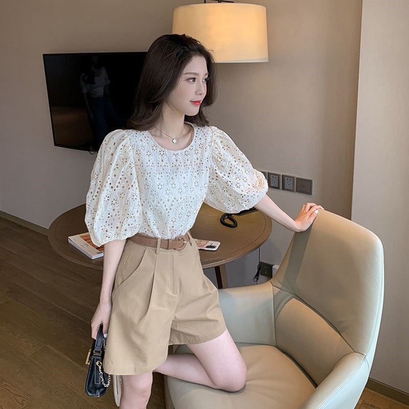 Can Salt Can Be Sweet Hollow Top Lace Shorts Two-piece Suit