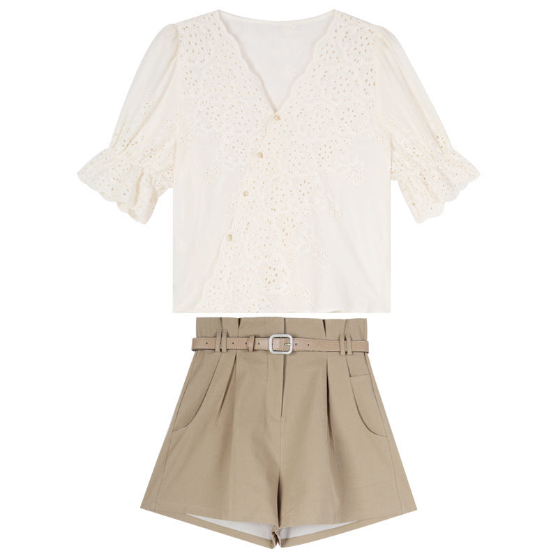 Can Salt Can Be Sweet Hollow Top Lace Shorts Two-piece Suit