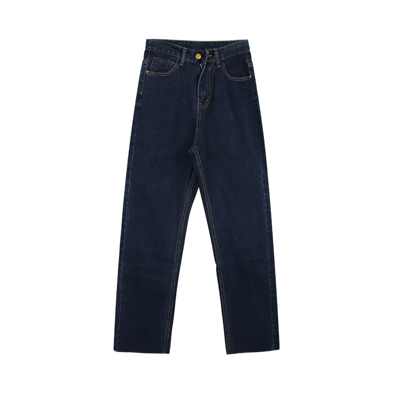 Dark Blue Rolled Jeans Loose And Thin High-waisted Retro Straight-leg Pants