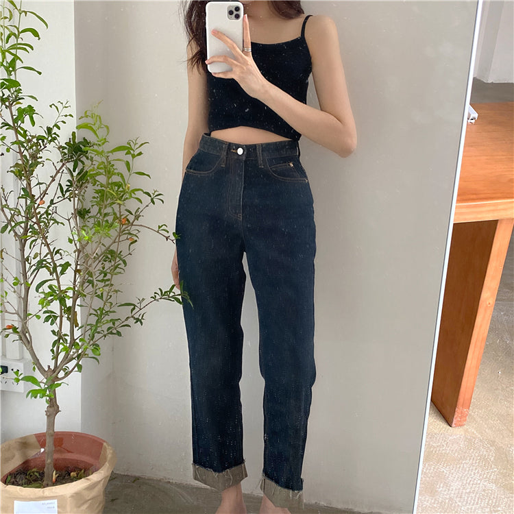 Dark Blue Rolled Jeans Loose And Thin High-waisted Retro Straight-leg Pants