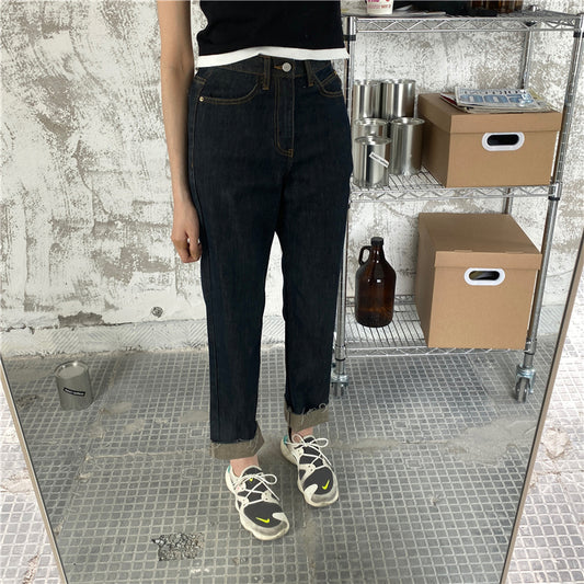 Dark Blue Rolled Jeans Loose And Thin High-waisted Retro Straight-leg Pants