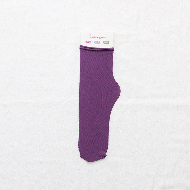 Velvet Piled Socks With Vertical Strips Curled Up