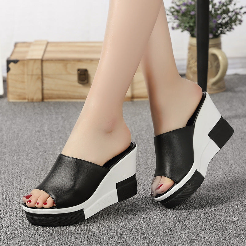 High-heeled Flip Flops Student Casual Fish Mouth Oblique Heeled Platform Slippers