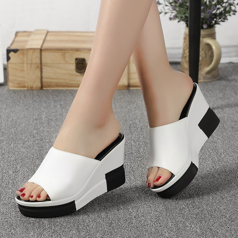 High-heeled Flip Flops Student Casual Fish Mouth Oblique Heeled Platform Slippers