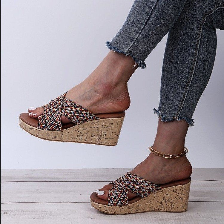 Summer New Blue Cross Platform Large Size Women's Slippers