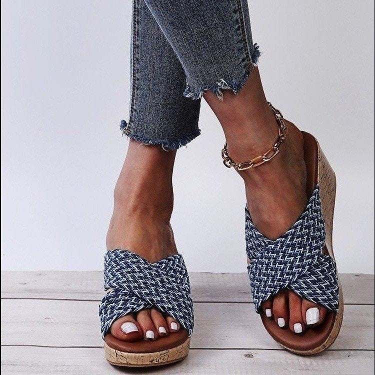 Summer New Blue Cross Platform Large Size Women's Slippers