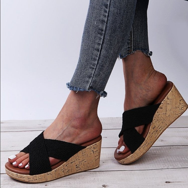 Summer New Blue Cross Platform Large Size Women's Slippers