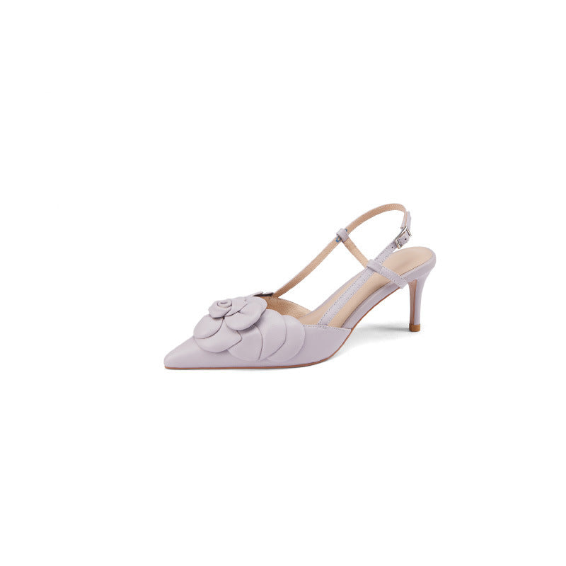 One-line Buckle Leather Elegant Flower Pointed Sandals