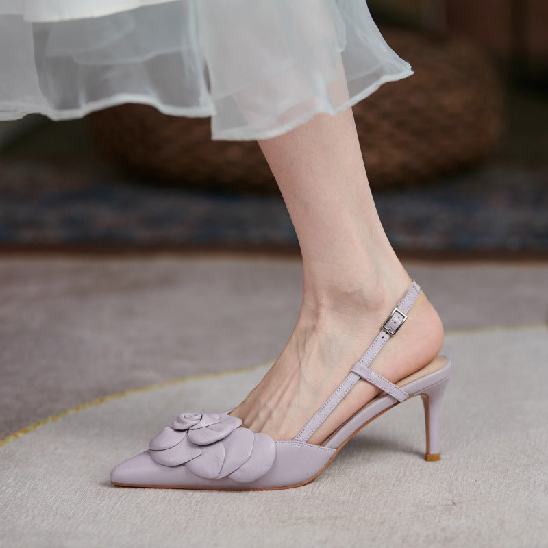 One-line Buckle Leather Elegant Flower Pointed Sandals