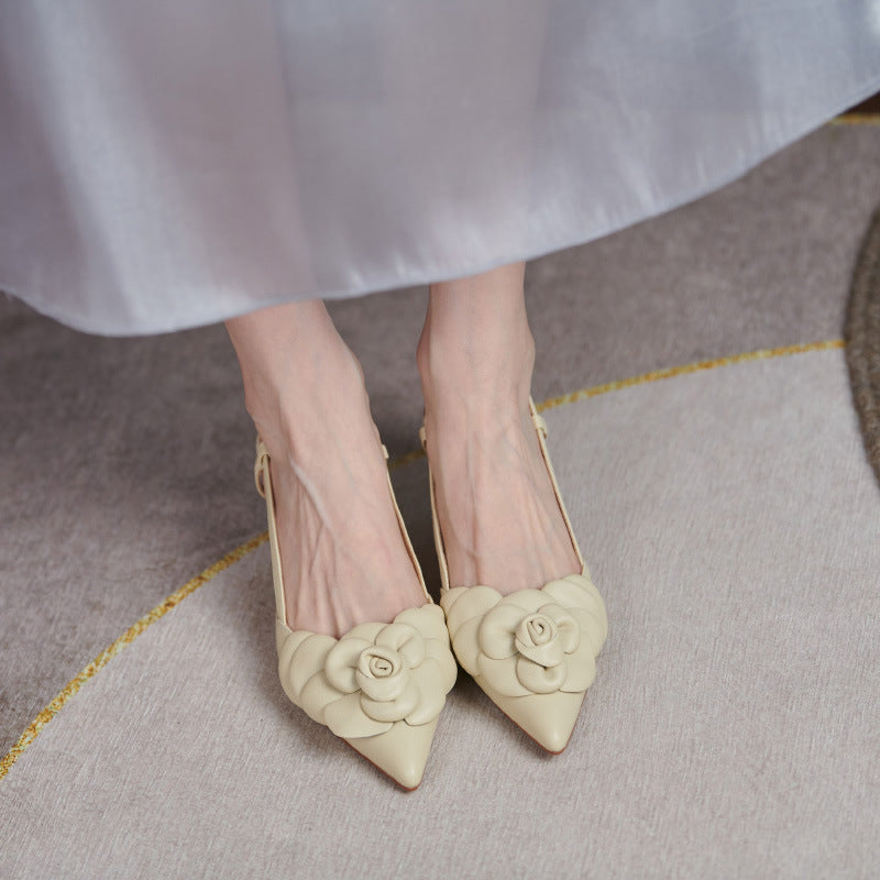 One-line Buckle Leather Elegant Flower Pointed Sandals