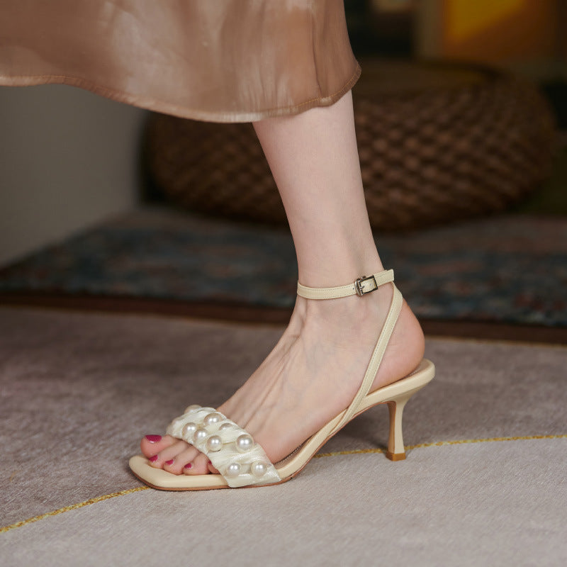 High-heeled Pearl Gauze Sandals French